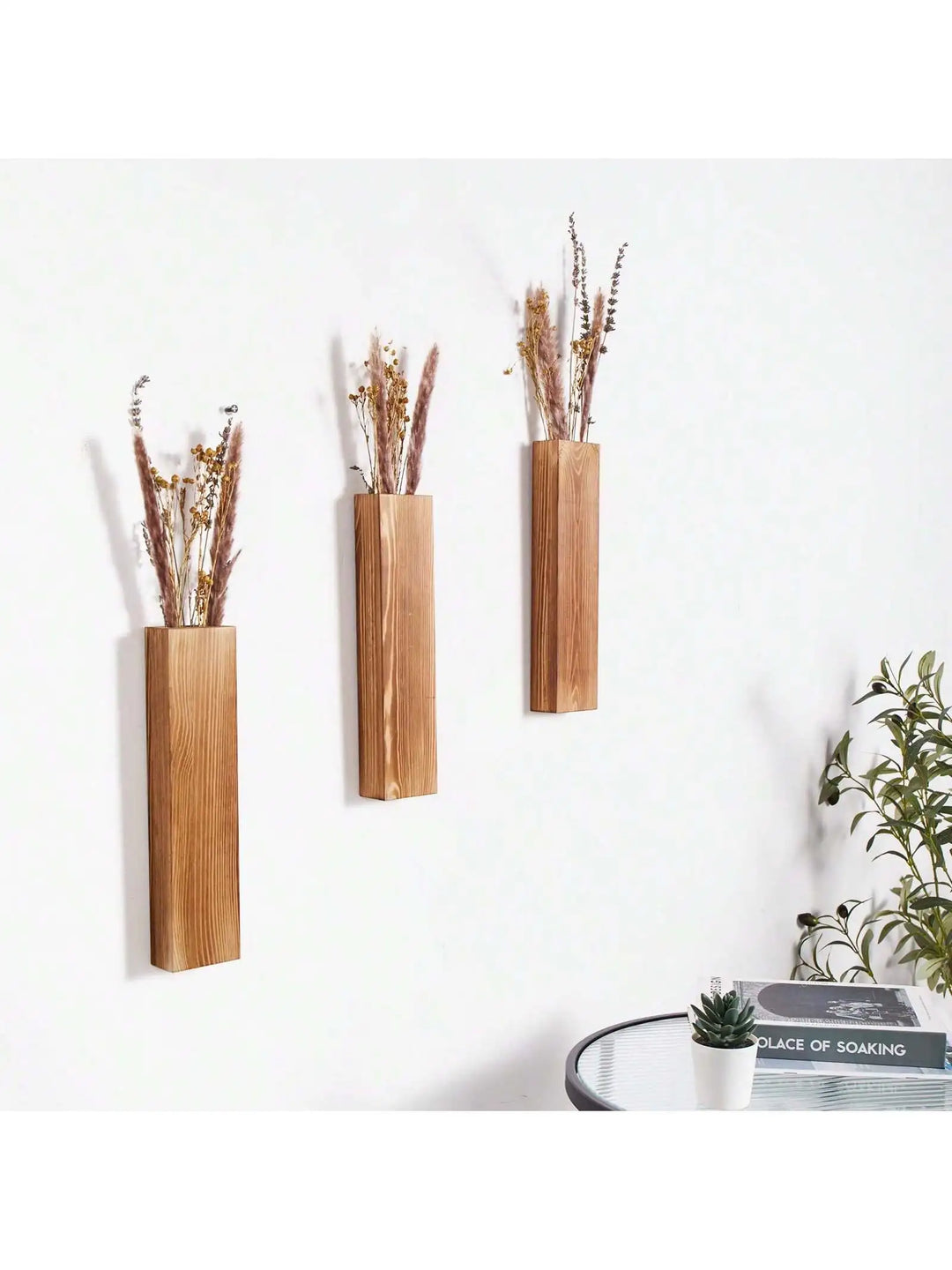 Håndlaget nordisk trekasse veggplante - Naturlig åretegning, minimalistisk skandinavisk design, perfekt for langstilke blomster og interiør, allsidige og elegante dekorative stykker | Skanto