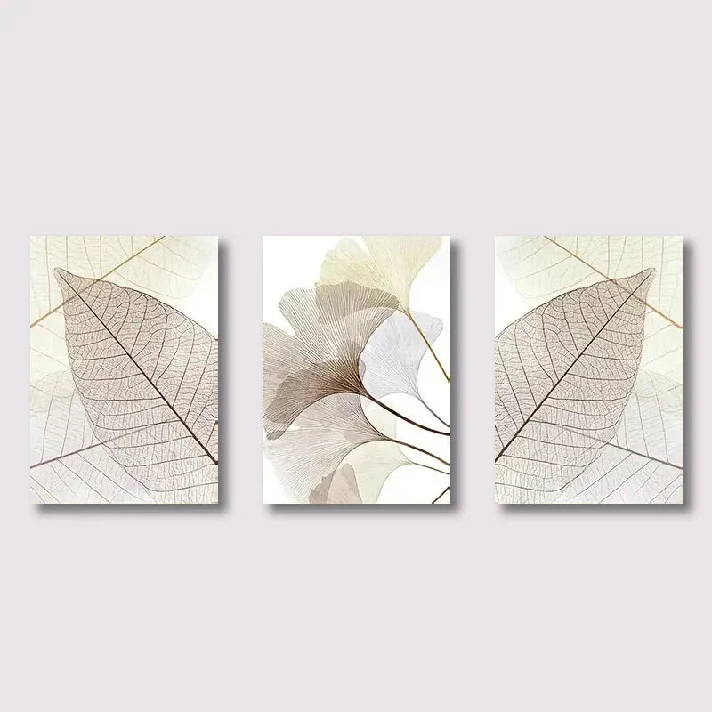 Sett med 3 stk Moderne Botaniske Bladleder Veggkunst Fin Kunst Lerretutskrifter Enkle Neutrale Toner Bilder For Stue Skandinavisk Stil Boliginnredning | Skanto