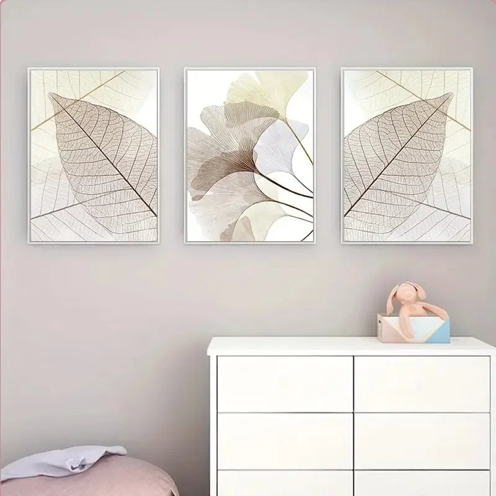 Sett med 3 stk Moderne Botaniske Bladleder Veggkunst Fin Kunst Lerretutskrifter Enkle Neutrale Toner Bilder For Stue Skandinavisk Stil Boliginnredning | Skanto