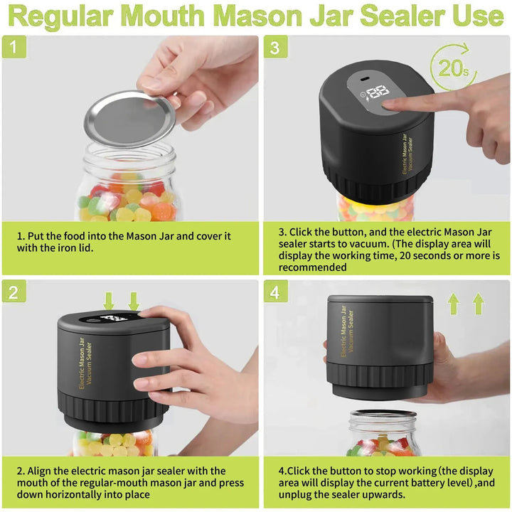 Skanto | Elektrisk Mason Jar Vakuumforseglingssett - Trådløs Forsegler for Brede og Vanlige Mason Krukker - Ideell for Matlagring