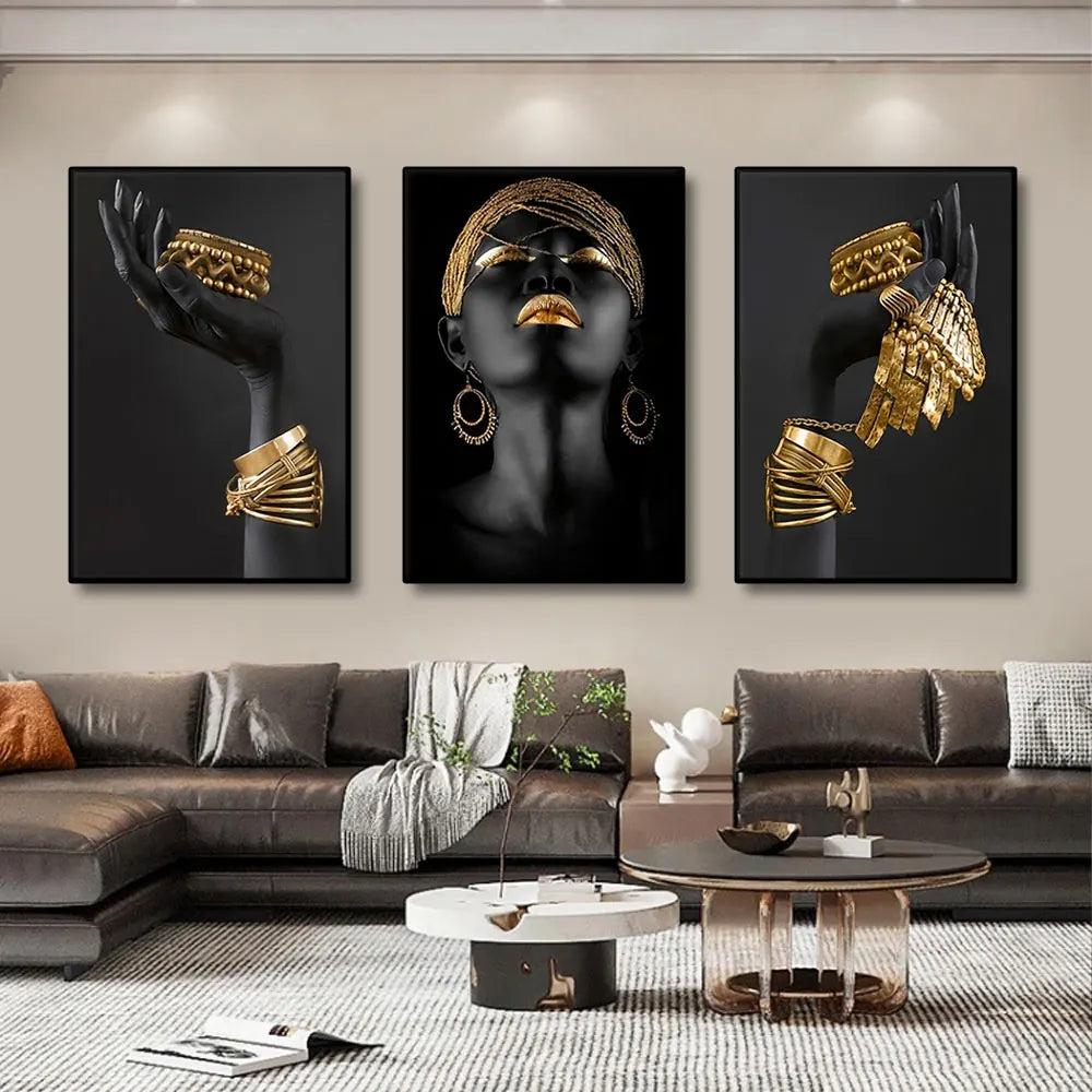 Sett med 3stk svart gul kvinneportrett veggkunst fine art lerrettrykk bilder for luksuriøs stue spisestue hjemmekontor dekor | Skanto