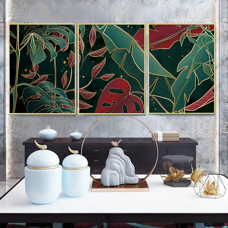Moderne Abstrakt Tropisk Botanikk Veggkunst Fine Art Lærred Utskrifter Røde Grønne Palm Blader Plakater Bilder For Stue Hotell Rom Decor | Skanto
