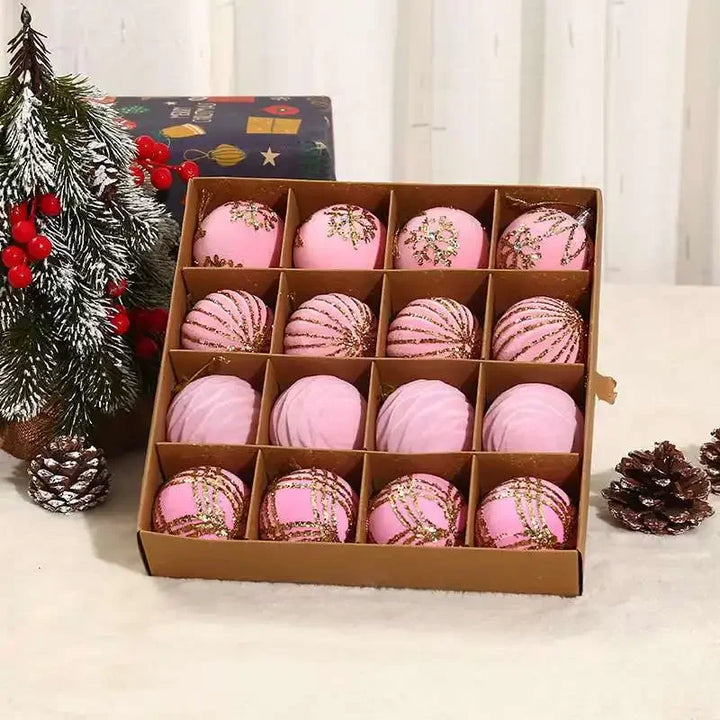 Flocking Christmas Tree Ornaments - Burgundy and Dark Green Baubles for Holiday Party Decor, Pink Christmas Ball Pendant 16PCS 6cm (2.3 inches)
