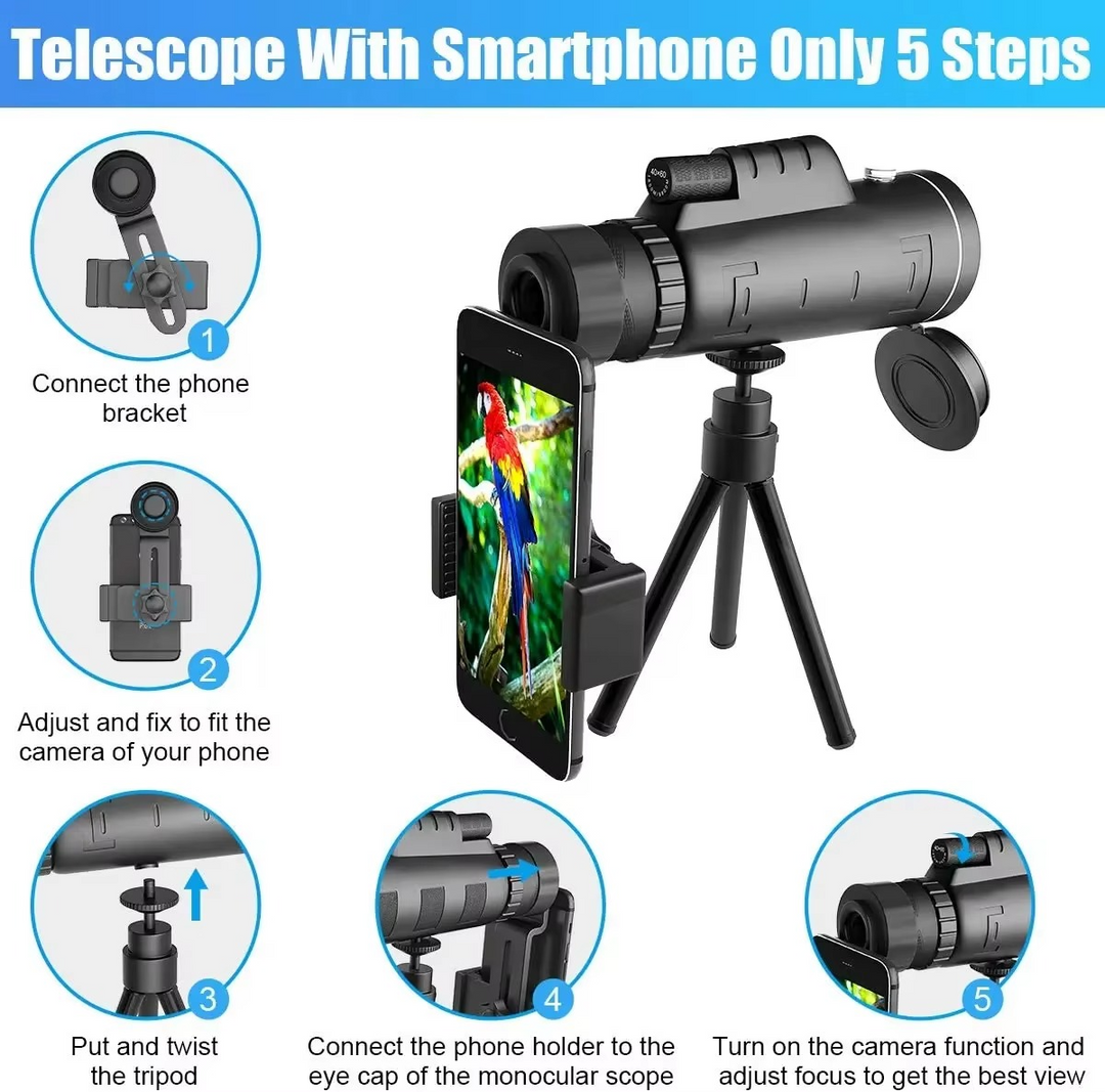 Skanto | 40x60 HD Monocular Telescope med smarttelefonholder og stativ for utendørs og camping