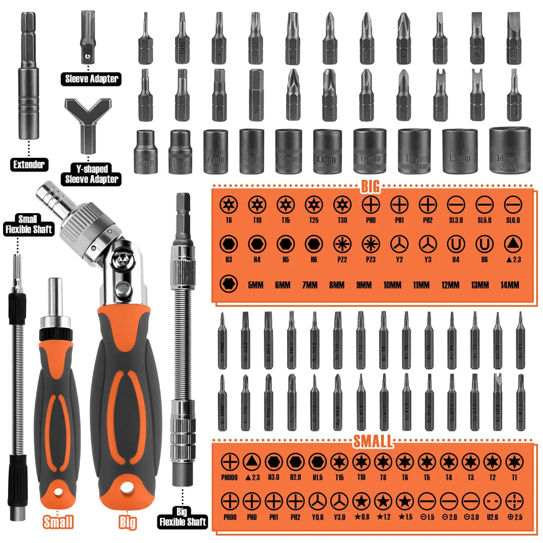 Skanto | 68-i-1 Tange Skrutrekker Sett med Magnetiske Bits & Forlengelsesstang – FortiDrive
