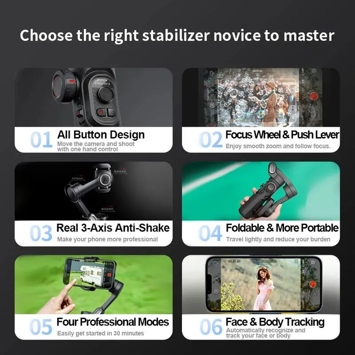 Skanto | 3-aksers smarttelefon gimbal stabilisator med AI-sporing og ansiktsgjenkjenning – Alvion