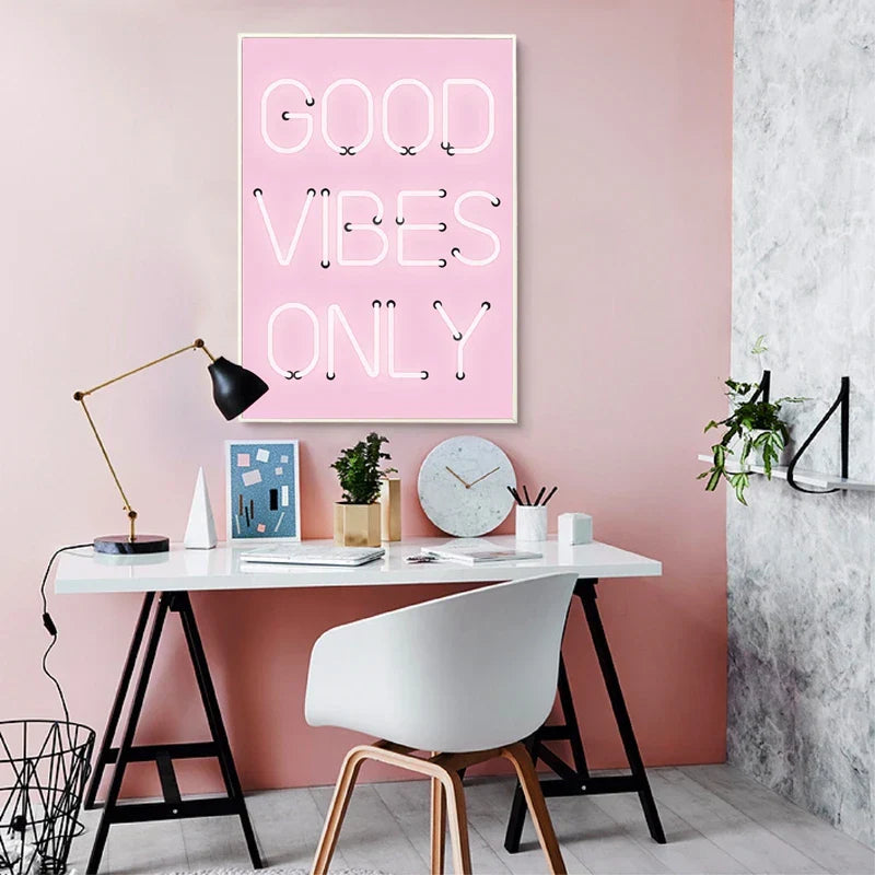 God Vibes Only Neon Rosa Plakat Veggkunst Fine Art Lerret Utskrifter Positivitet Bilde For Stue Jenters Soverom Salong Kunst Decor | Skanto
