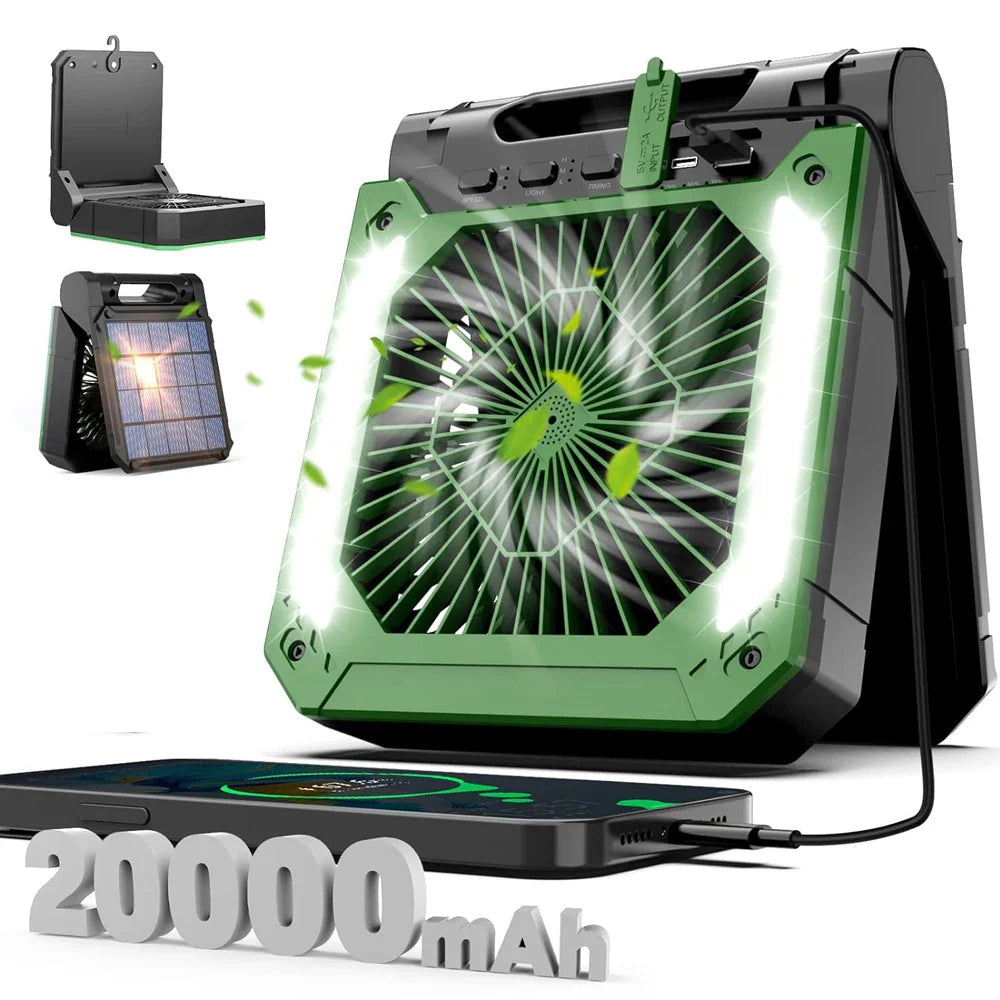 20000mAh Bærbar Elektrisk Vifte med LED Lys — USB, Sol & Bil Lading for Camping | Skanto