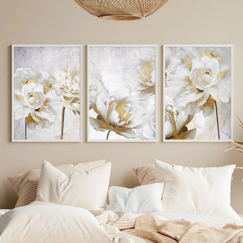 Opulent Blossoms Elegant White Flowers with Gold Accents Canvas Wall Art Fine Art Canvas Prints Posters Floral Pictures For Modern Living Room | Skanto