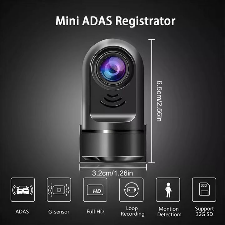 Skanto | 1080P HD 360° Rotasjon Mini ADAS Dash Kamera med 32GB Kort, Nattesyn, Bevegelsesdeteksjon, og 24T Parkeringsmodus