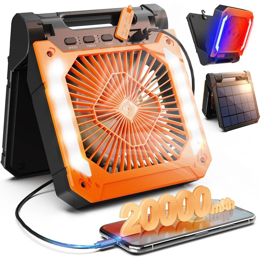 20000mAh Bærbar Elektrisk Vifte med LED Lys — USB, Sol & Bil Lading for Camping | Skanto