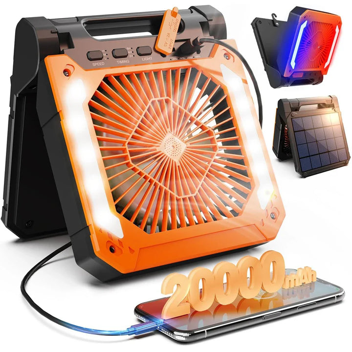 20000mAh Bærbar Elektrisk Vifte med LED Lys — USB, Sol & Bil Lading for Camping | Skanto