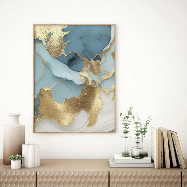 Moderne Abstrakt Gull Blå Flytende Marmor Print Veggkunst Fine Art Lerretsutskrifter Bilder For Stue Soverom Nordisk Hjem Dekor | Skanto
