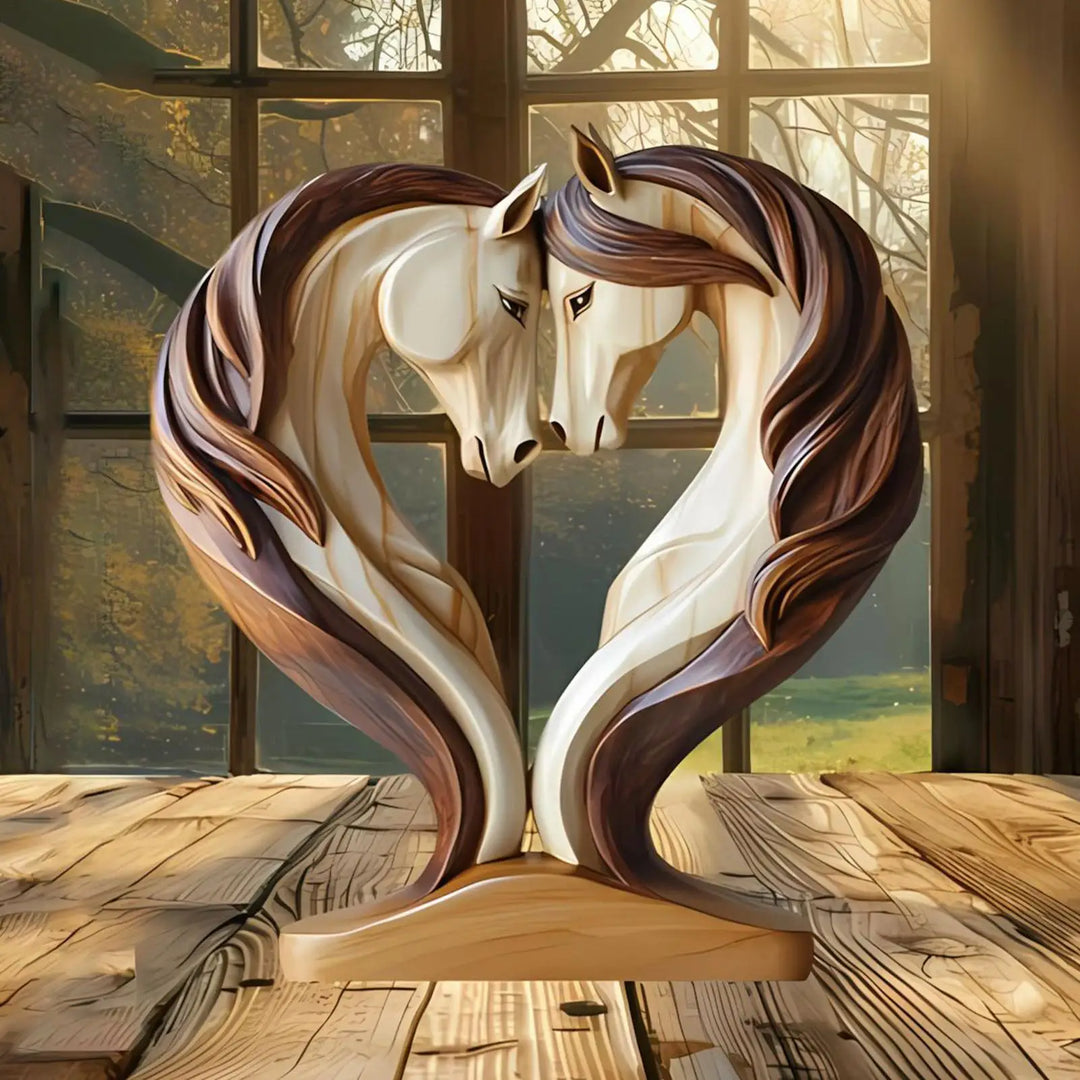 Skanto | Equora Hest Skulptur | Hest Skulptur Tre | 2D Design i Omfamning Pose | Dekorasjon for Stue, Kontor og Barnerom