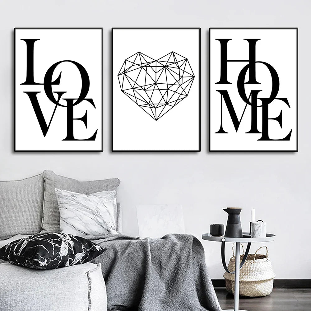 Sett med 3Pcs Geometric Love Home Heart Wall Art Fine Art Canvas Prints Black White Minimalist Posters Pictures For Living Room Bedroom Art Decor | Skanto