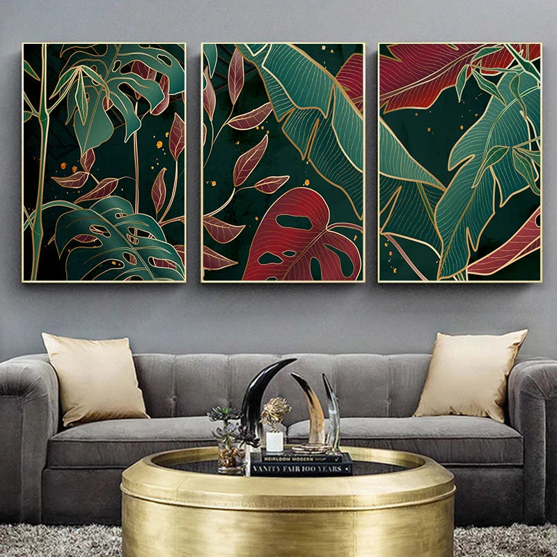 Moderne Abstrakt Tropisk Botanikk Veggkunst Fine Art Lærred Utskrifter Røde Grønne Palm Blader Plakater Bilder For Stue Hotell Rom Decor | Skanto