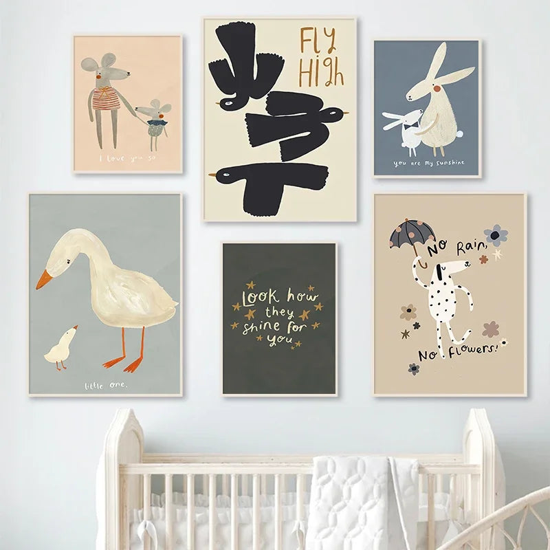 Søte Baby Dyr Barnerom Veggkunst Illustrasjoner Fine Art Lerretsutskrifter Gås Mus Løve Isbjørn Plakatbilder For Babys Rom Veggdekor | Skanto