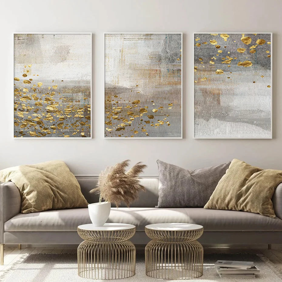 Beige Grå Gylden Prikkete Vintage Abstrakt Veggkunst Fine Art Lærredsutskrifter Samtidsbilder for Elegante Interiører | Skanto
