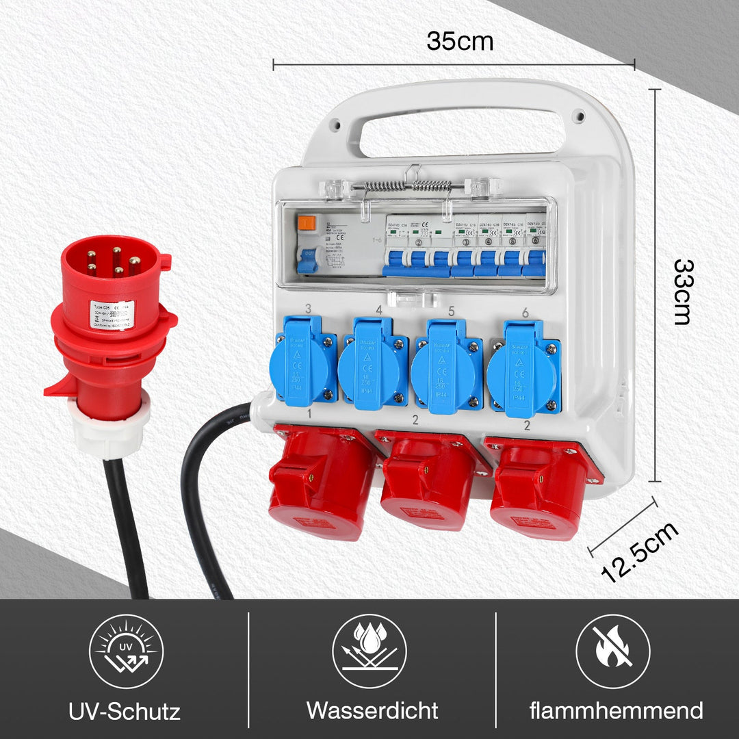Strømfordeler RCD 2 x CEE 400V/16A + 4 x 230V Schuko 5 pol | Skanto