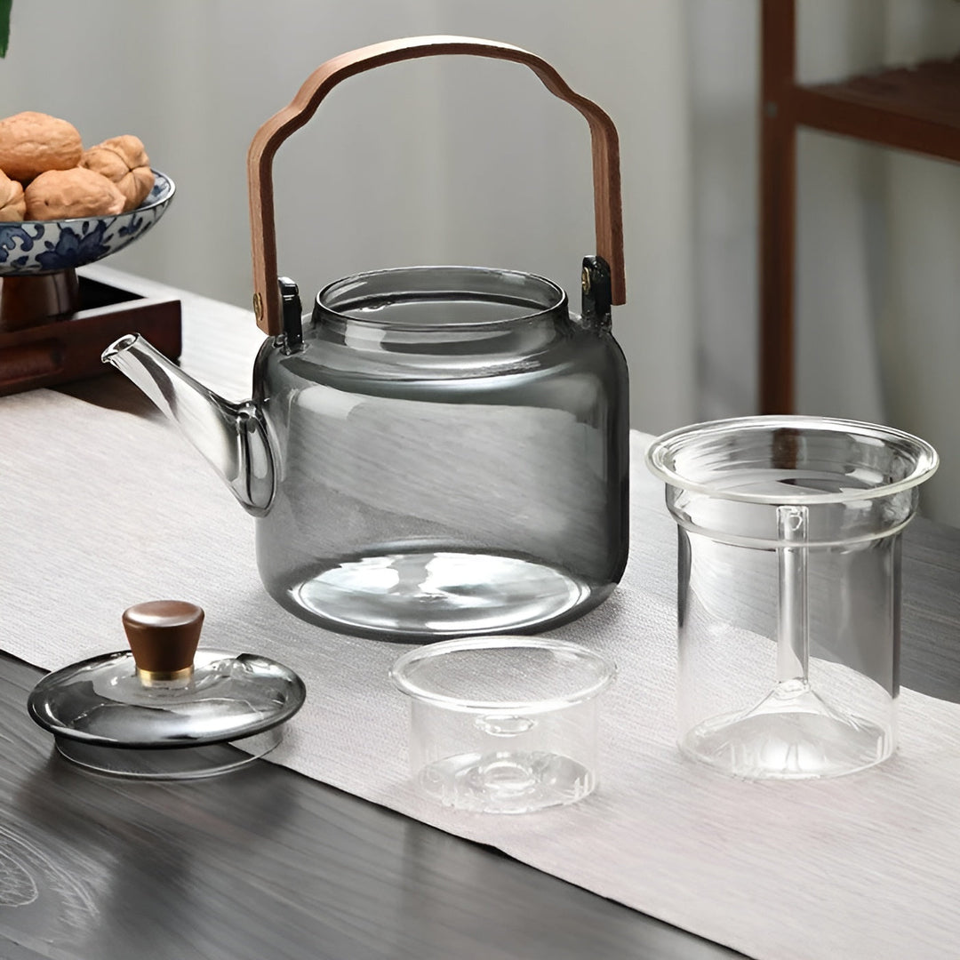 Glasstekanne med trelokk og tesil – Elegant design | 1,2 l røkt glass for stilig te-nytelse