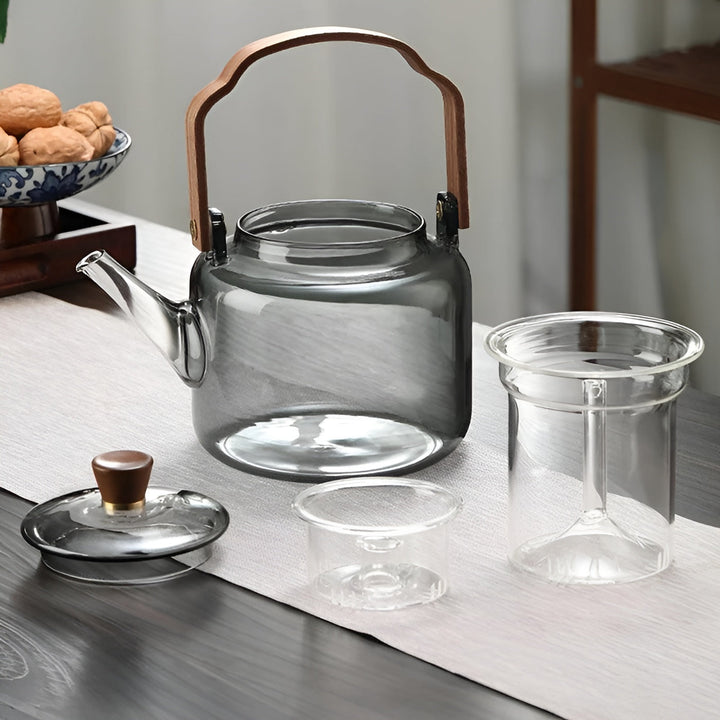 Glasstekanne med trelokk og tesil – Elegant design | 1,2 l røkt glass for stilig te-nytelse