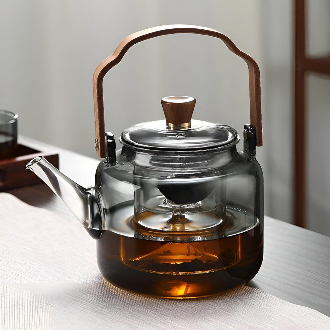 Glasstekanne med trelokk og tesil – Elegant design | 1,2 l røkt glass for stilig te-nytelse