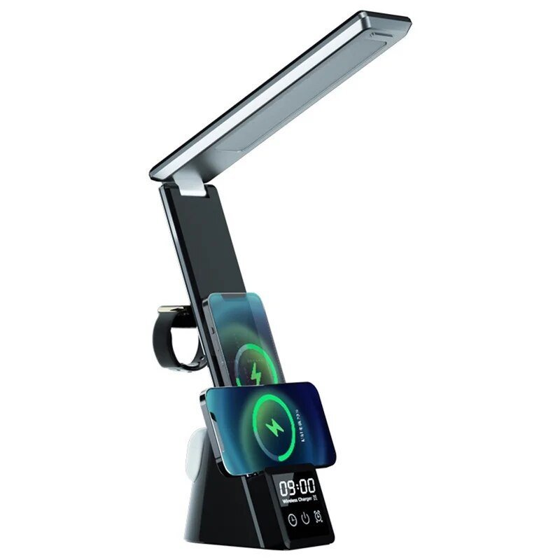 Skanto | MultiLite Hub - 5-i-1 - Lampe - Trådløs lader - Praktisk vekkerklokke