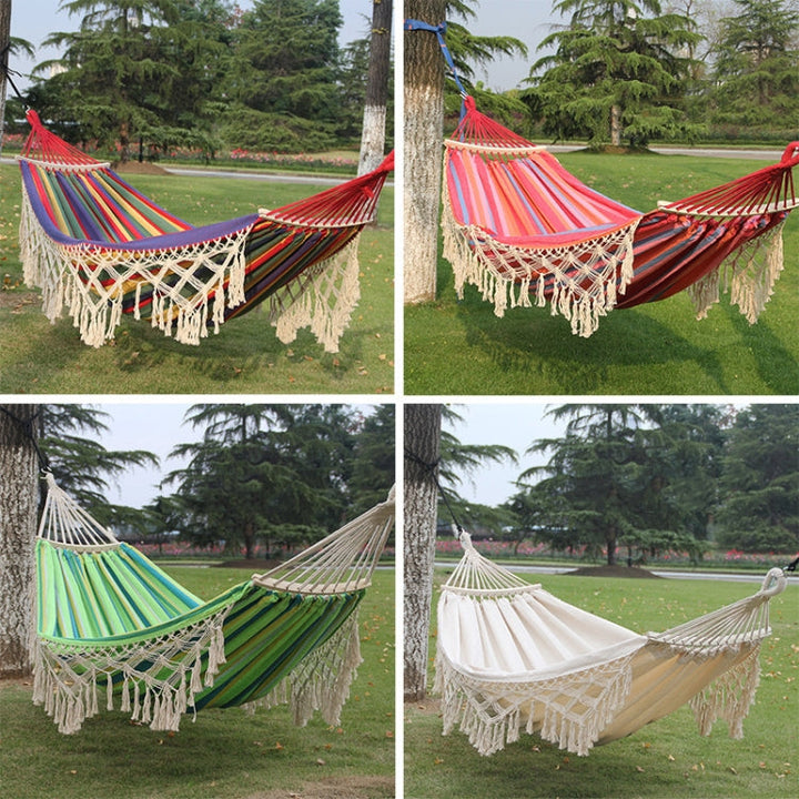 Skanto | 200x150cm Dobbel Utendørs Camping Pompong Lærred Hengekøye med Stang (Rosa Striper)