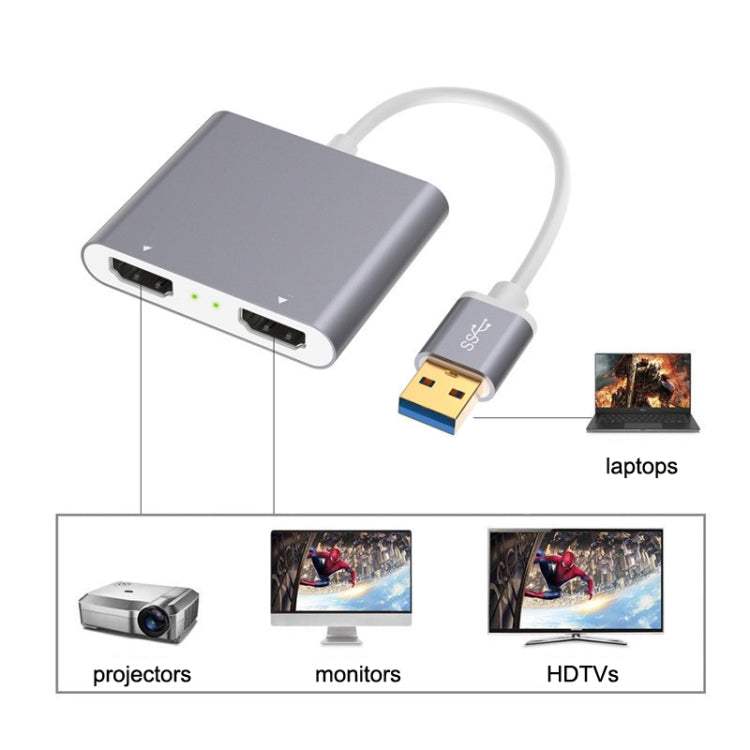 Skanto | USB 3.0 til Dual HDMI Høyoppløsningskonverter 4K USB Samme skjermforlengelse (Grå)