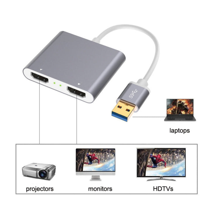 Skanto | USB 3.0 til Dual HDMI Høyoppløsningskonverter 4K USB Samme skjermforlengelse (Grå)
