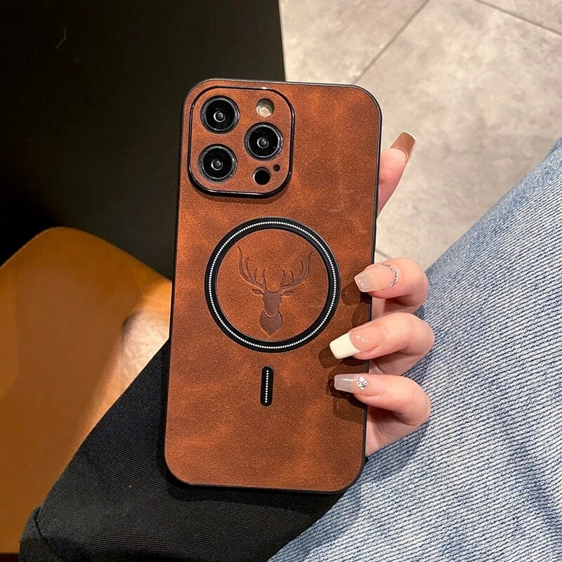 Skanto | Luxury Deer Leather Apple iPhone Case | Magnetisk telefonveske, trådløs veske, MagSafe, trådløs lading, beskyttelsesveske, deksel for iPhone 15, 14, 13 Pro Max Plus