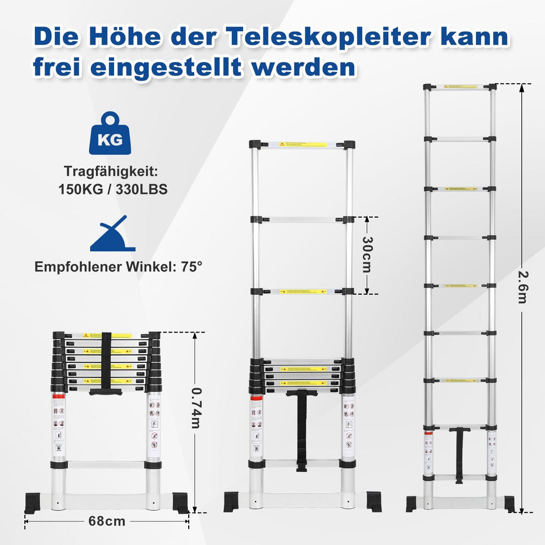 Teleskopisk stige Aluminium Belastning kapasitet opp til 150kg 2.6m-5m med stabilisator | Skanto