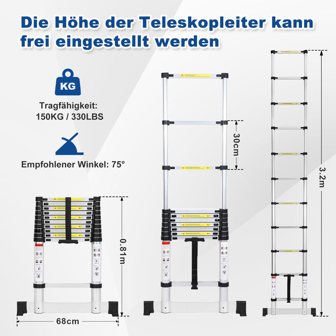 Teleskopisk stige Aluminium Belastning kapasitet opp til 150kg 2.6m-5m med stabilisator | Skanto