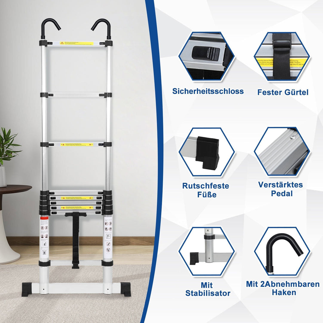 Telescopisk stige med 2 avtakbare kroker med stabilisator | Skanto