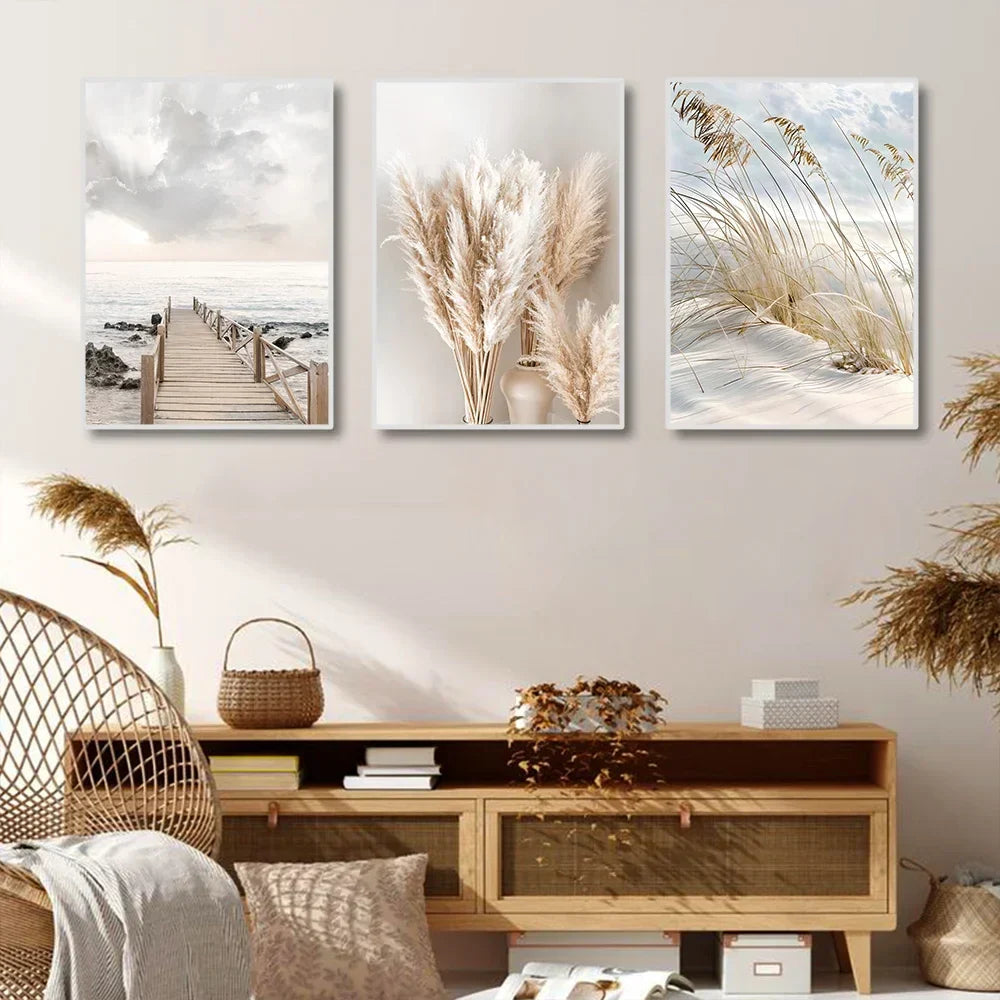 Ruhigende sjøgress strand kystlandskap veggkunst Fine kunstler lerret trykk Skandinaviske bilder av ro for inspirerende stuedekorasjon | Skanto