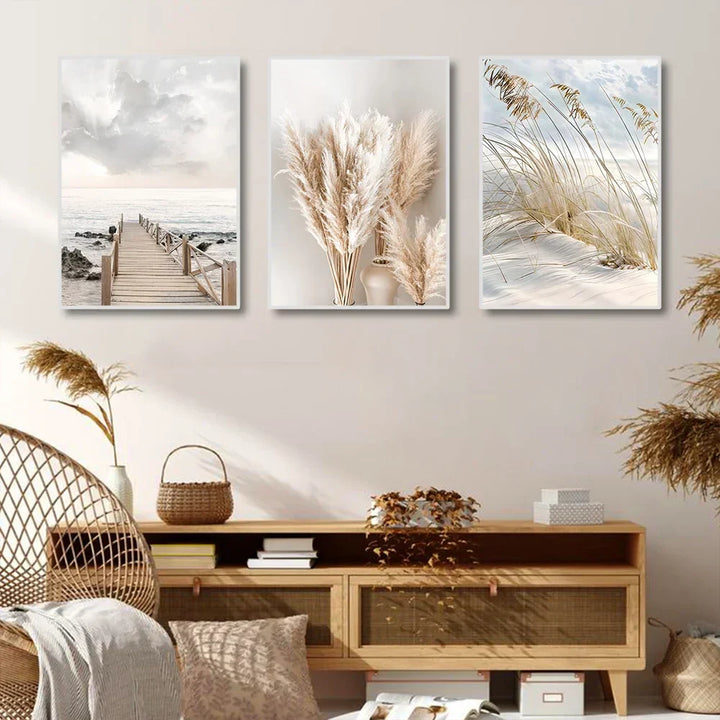 Ruhigende sjøgress strand kystlandskap veggkunst Fine kunstler lerret trykk Skandinaviske bilder av ro for inspirerende stuedekorasjon | Skanto