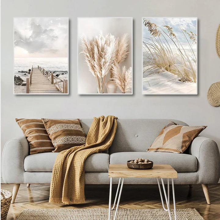 Ruhigende sjøgress strand kystlandskap veggkunst Fine kunstler lerret trykk Skandinaviske bilder av ro for inspirerende stuedekorasjon | Skanto