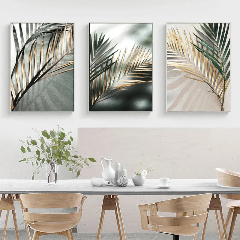 Tropisk grønn Gyldne palmeblader veggkunst Fine Art lerretsutskrifter Moderne botanikk plakatbilder for stue spisestue dekor | Skanto