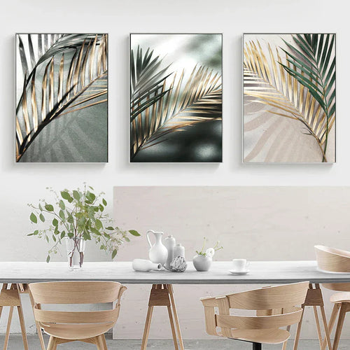 Tropisk grønn Gyldne palmeblader veggkunst Fine Art lerretsutskrifter Moderne botanikk plakatbilder for stue spisestue dekor | Skanto