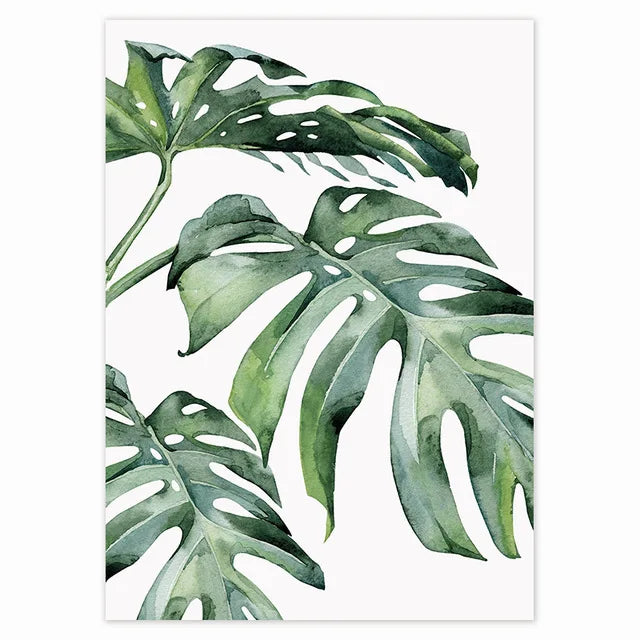 Tropiske grønne blader Monstera-bregne-palme veggkunst fin kunst lerretstrykk akvarellplakater bilder for stuen nordisk interiørdesign | Skanto