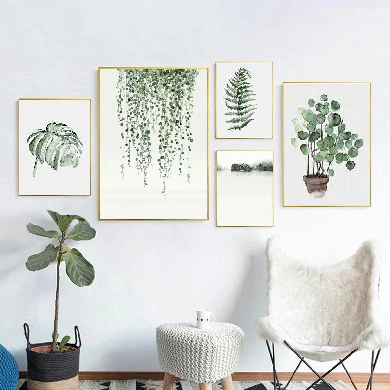Tropiske grønne blader Monstera-bregne-palme veggkunst fin kunst lerretstrykk akvarellplakater bilder for stuen nordisk interiørdesign | Skanto