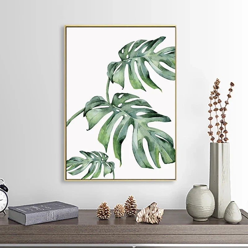 Tropiske grønne blader Monstera-bregne-palme veggkunst fin kunst lerretstrykk akvarellplakater bilder for stuen nordisk interiørdesign | Skanto