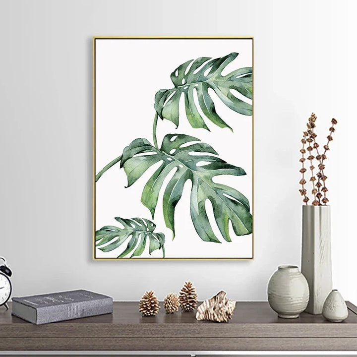 Tropiske grønne blader Monstera-bregne-palme veggkunst fin kunst lerretstrykk akvarellplakater bilder for stuen nordisk interiørdesign | Skanto