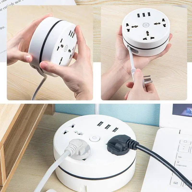 Universell strømskinne med forlengelseskabel og USB-porter