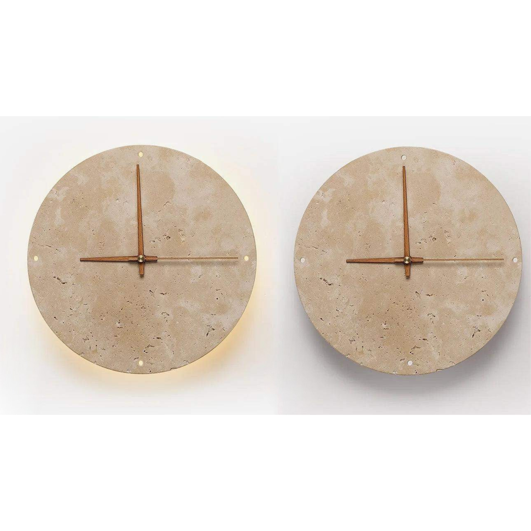 Travertine Veggklokke med LED Lys – Minimalistisk & Dekorativ | Høy- Kvalitets Naturlig Stein Klokke | Skanto