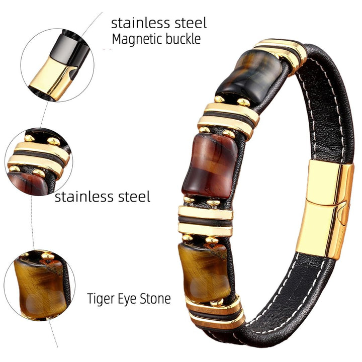 Skanto | Armbånd Skinn Gull | Tiger Eye Perle Herrers Smykker