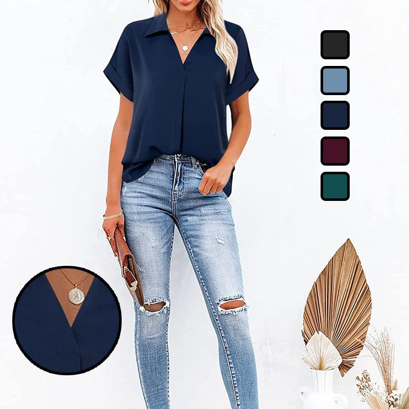 Skanto | Kortermet V-hals ensfarget bluse