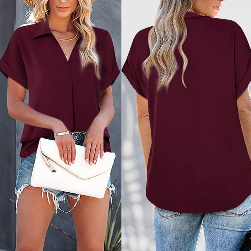 Skanto | Kortermet V-hals ensfarget bluse
