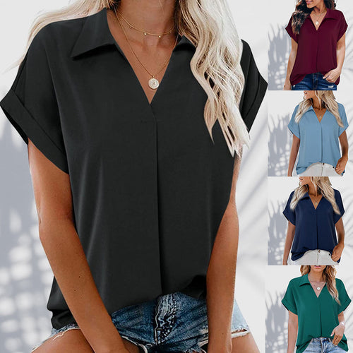 Skanto | Kortermet V-hals ensfarget bluse