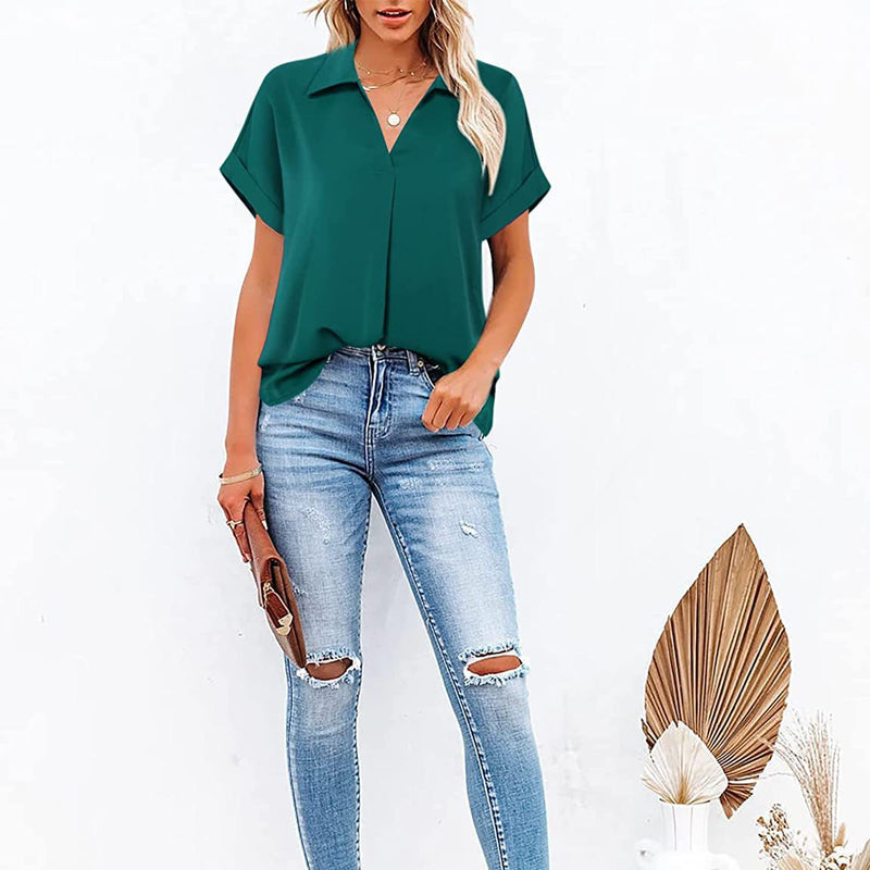 Skanto | Kortermet V-hals ensfarget bluse